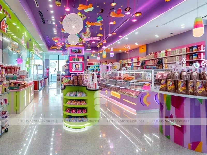 Fresh Mint Sweet Boutique Interior with Curved Candy Islands