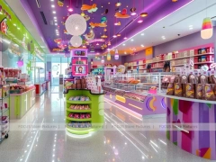 Fresh Mint Sweet Boutique Interior with Curved Candy Islands