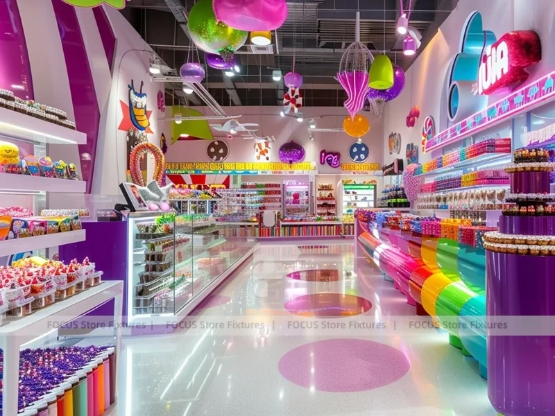 Fresh Mint Sweet Boutique Interior with Curved Candy Islands