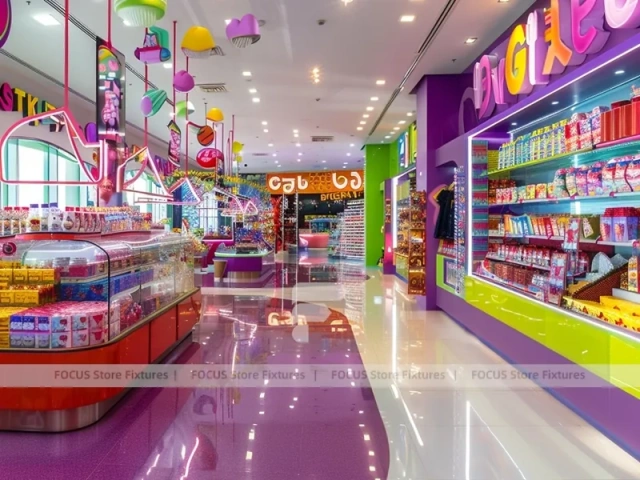 Fresh Mint Sweet Boutique Interior with Curved Candy Islands