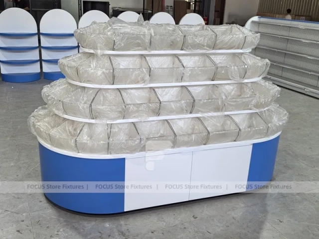 Gloss Blue Sweet Retail Wall Cabinet with Tiered Candy Bin Island