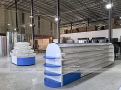 Gloss Blue Sweet Retail Wall Cabinet with Tiered Candy Bin Island