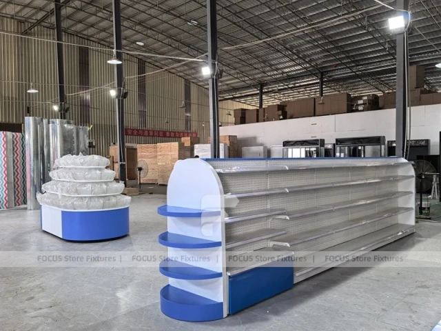 Gloss Blue Sweet Retail Wall Cabinet with Tiered Candy Bin Island