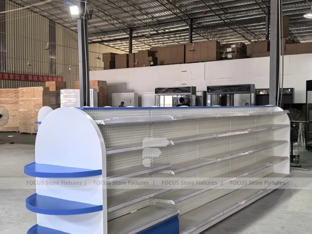 Gloss Blue Sweet Retail Wall Cabinet with Tiered Candy Bin Island