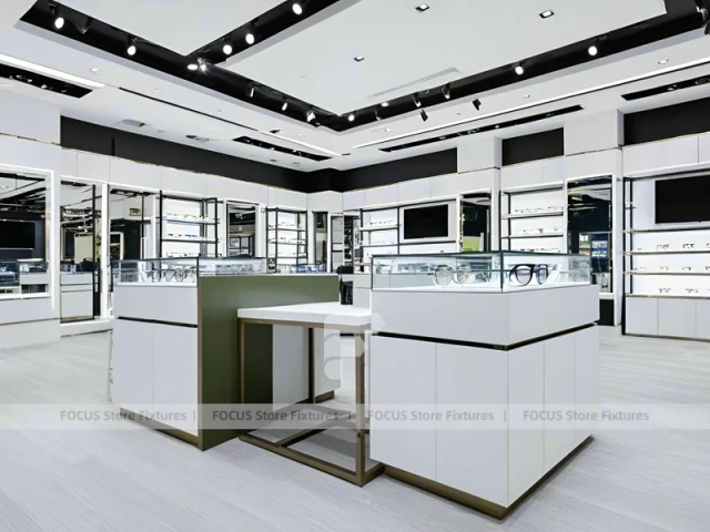 Glossy White Eyewear Boutique Interior with Gold Accent Counter