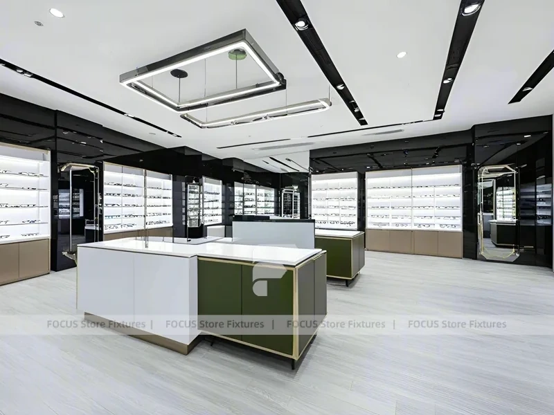Glossy White Eyewear Boutique Interior with Gold Accent Counter