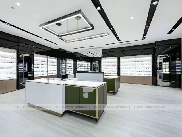 Glossy White Eyewear Boutique Interior with Gold Accent Counter