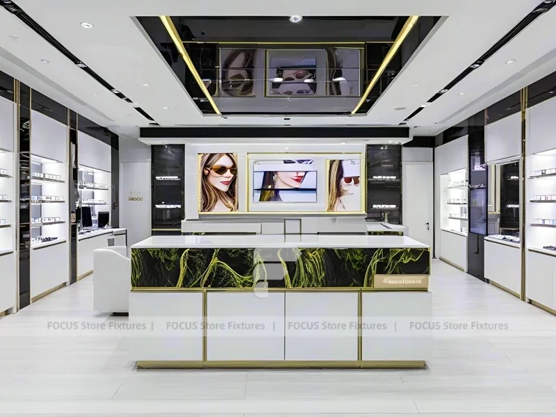 Glossy White Vision Retail Display with Gold Accent Counter
