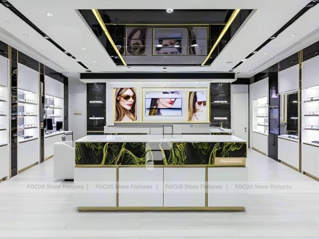 Glossy White Vision Retail Display with Gold Accent Counter