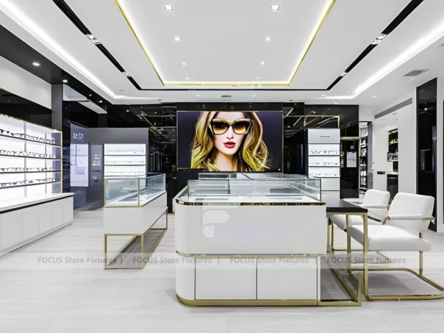 Glossy White Vision Retail Display with Gold Accent Counter