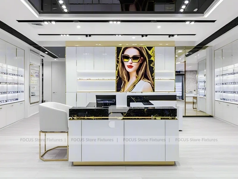 Glossy White Vision Retail Display with Gold Accent Counter