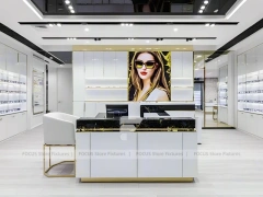 Glossy White Vision Retail Display with Gold Accent Counter