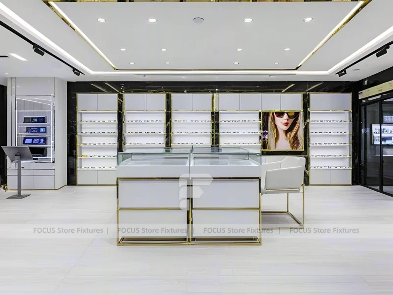 Glossy White Vision Retail Display with Gold Accent Counter