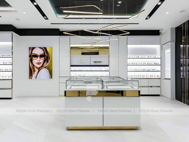 Glossy White Vision Retail Display with Gold Accent Counter