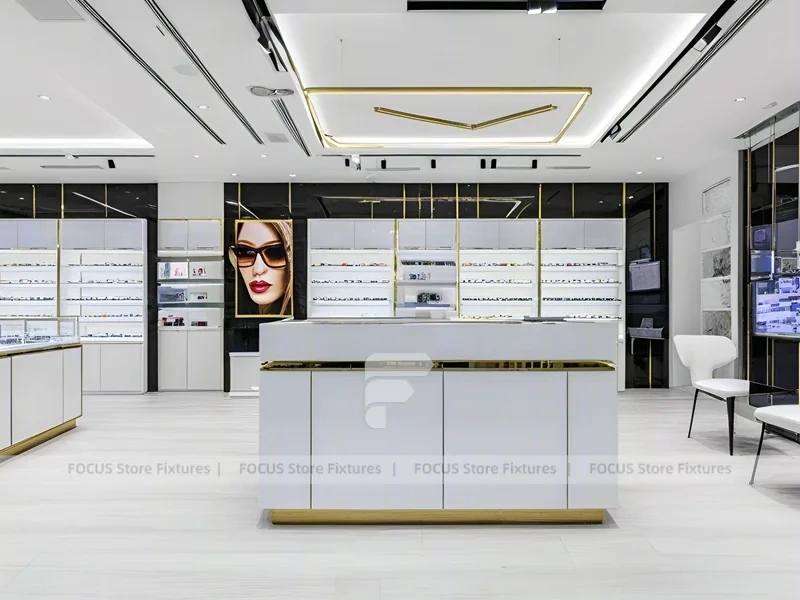 Glossy White Vision Retail Display with Gold Accent Counter