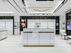 Glossy White Vision Retail Display with Gold Accent Counter