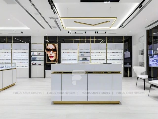 Glossy White Vision Retail Display with Gold Accent Counter