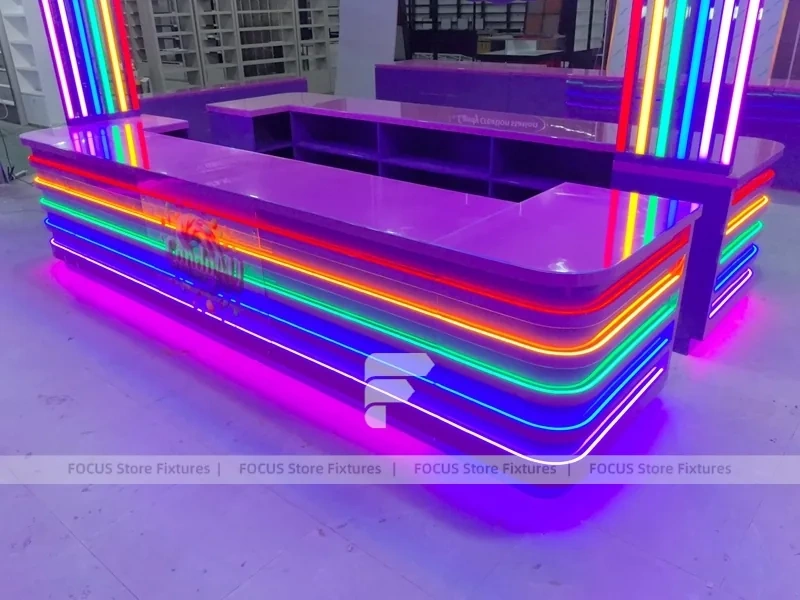 Glow Stripe Sweet Mall Kiosk with Open Merchandising Bay