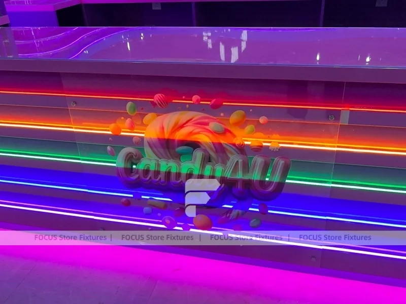 Glow Stripe Sweet Mall Kiosk with Open Merchandising Bay
