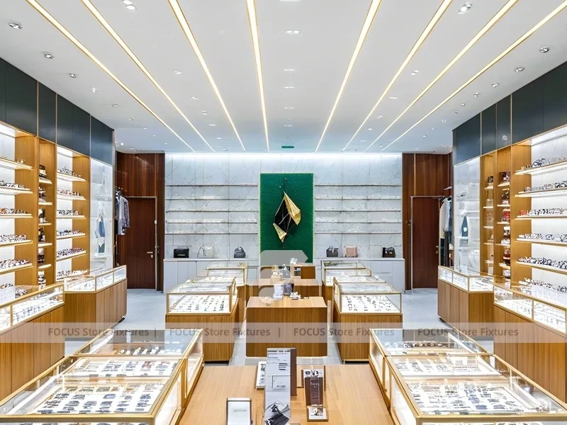 Gold Accent Optical Boutique Layout with Feature Counter Ensemble