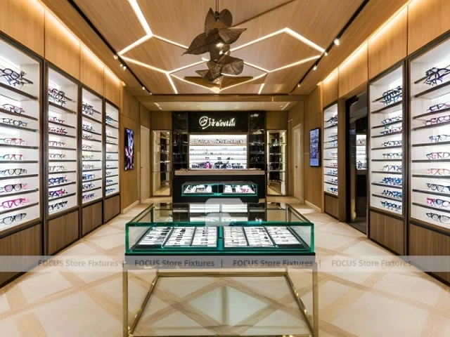 Gold Accent Optical Gallery Interior with Emerald Demo Island