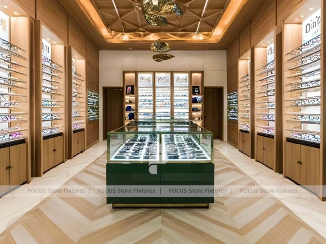 Gold Accent Optical Gallery Interior with Emerald Demo Island