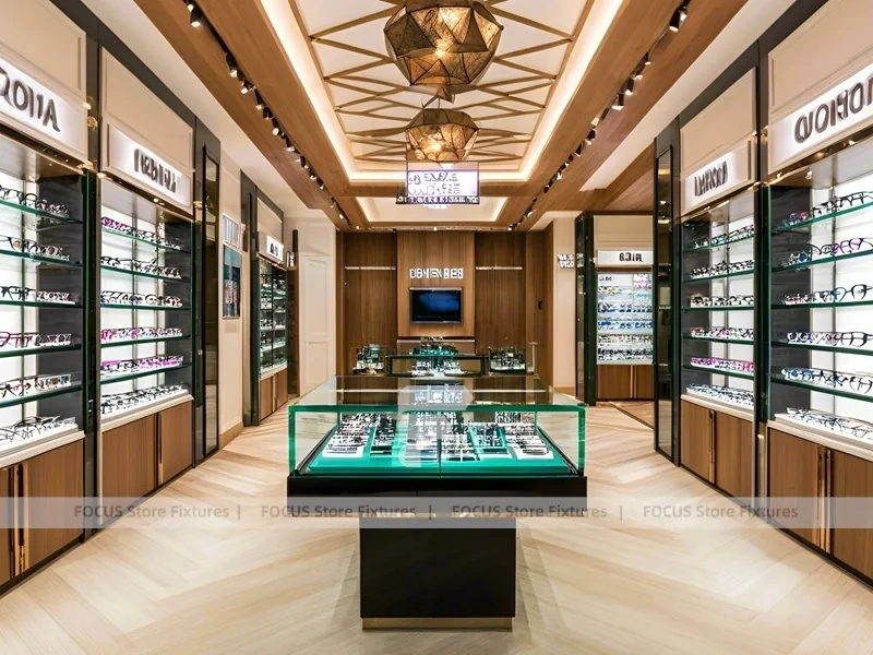 Gold Accent Optical Gallery Interior with Emerald Demo Island