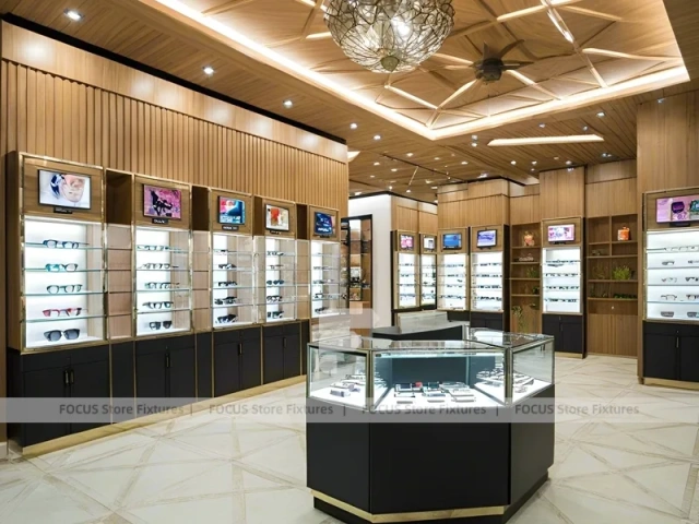 Gold Accent Optical Gallery Interior with Square Glass Counter