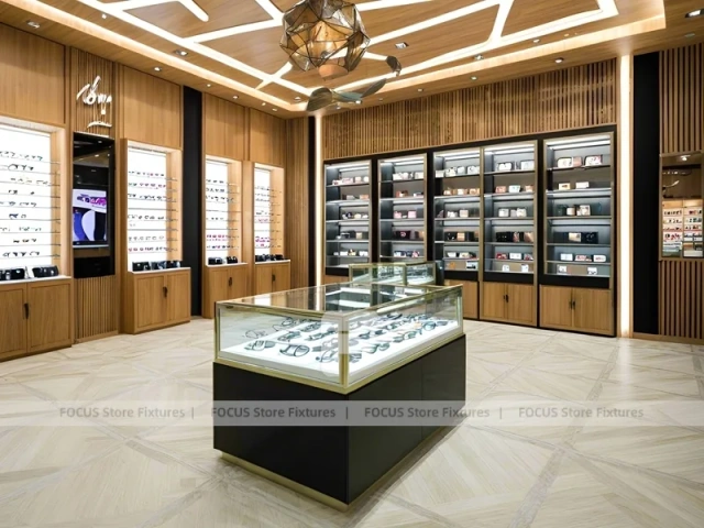 Gold Accent Optical Gallery Interior with Square Glass Counter