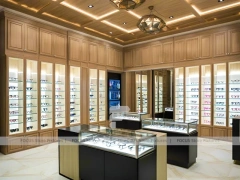 Gold Accent Optical Gallery Interior with Square Glass Counter