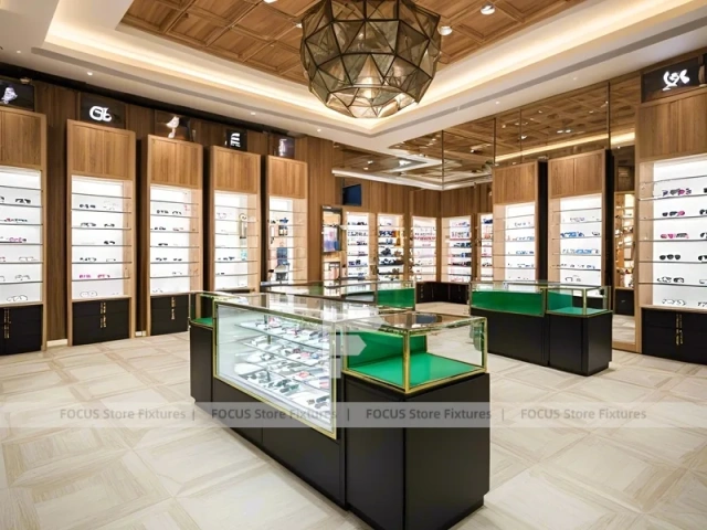 Gold Accent Optical Gallery Interior with Square Glass Counter