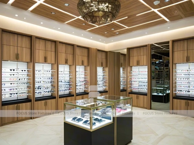Gold Accent Optical Gallery Interior with Square Glass Counter