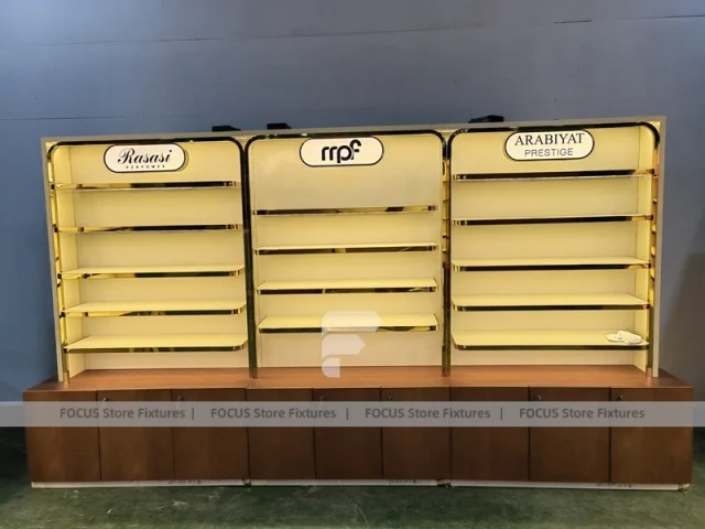 Gold Perfume Display Wall With Base Cabinets