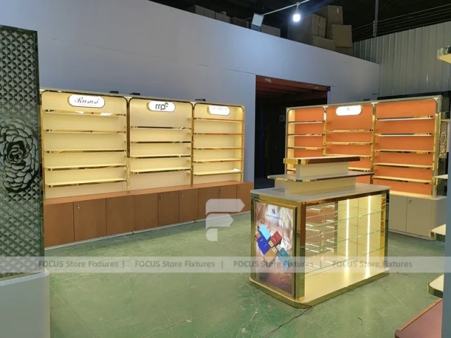 Gold Perfume Display Wall With Base Cabinets