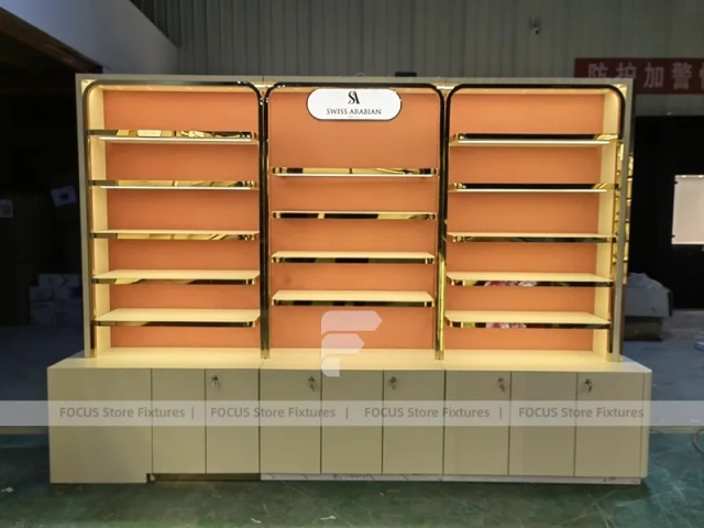 Gold Perfume Display Wall With Base Cabinets