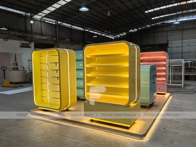 Golden Pastel Pop Candy Shelf Fixture with Rounded Corner Shelves