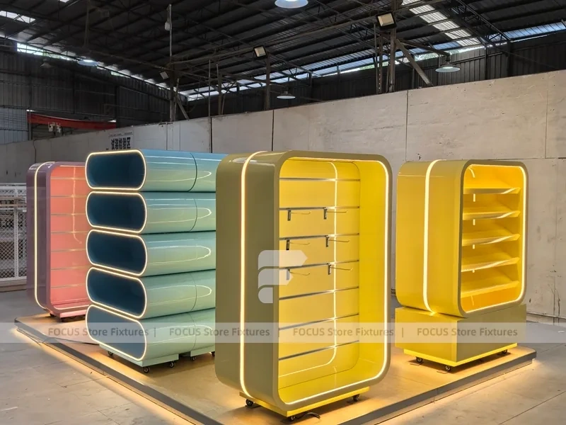 Golden Pastel Pop Candy Shelf Fixture with Rounded Corner Shelves