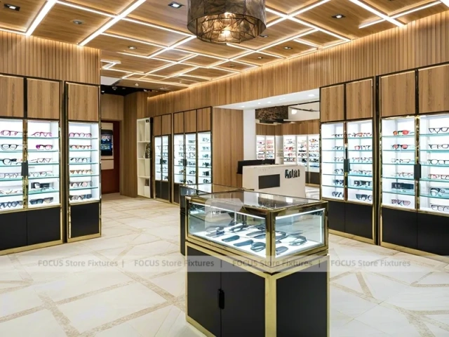 Golden Timber Eyewear Showcase Room with Layered Wall Shelving