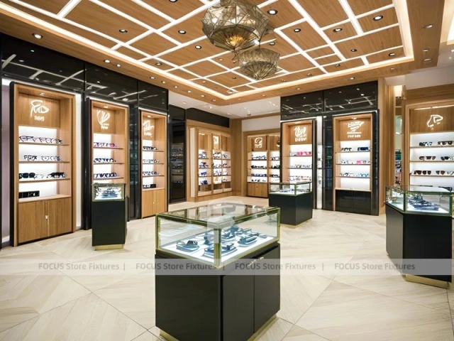 Golden Timber Eyewear Showcase Room with Layered Wall Shelving