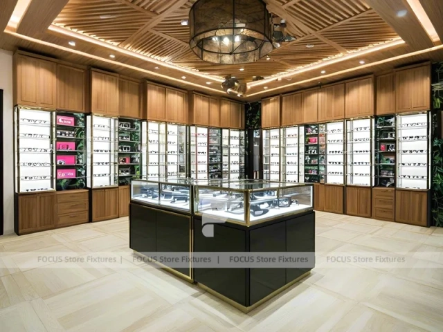 Golden Timber Eyewear Showcase Room with Layered Wall Shelving