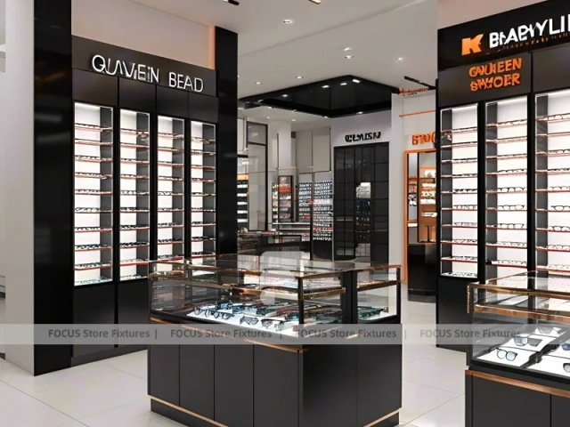 Graphite Copper Eyewear Retail Interior with Elevated Glass Islands