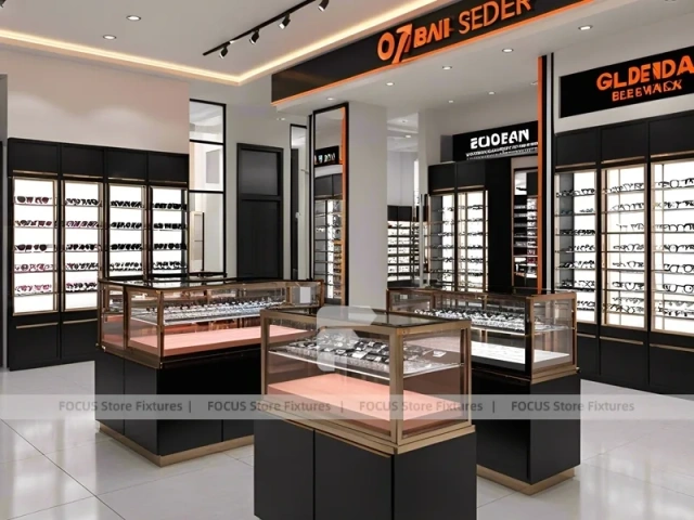 Graphite Copper Eyewear Retail Interior with Elevated Glass Islands
