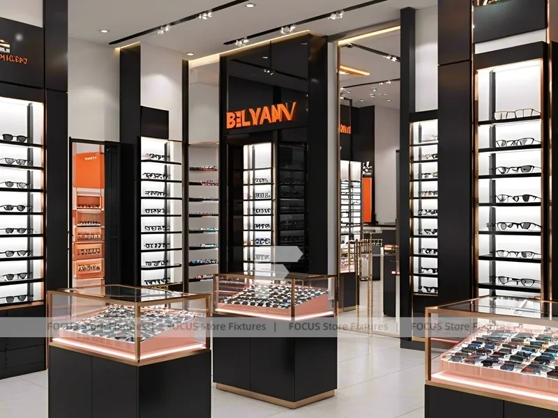 Graphite Copper Eyewear Retail Interior with Elevated Glass Islands