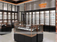 Graphite Copper Eyewear Retail Interior with Elevated Glass Islands