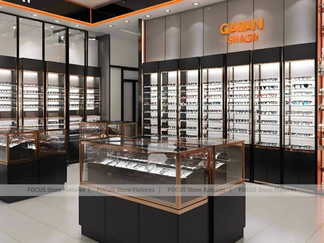 Graphite Copper Eyewear Retail Interior with Elevated Glass Islands