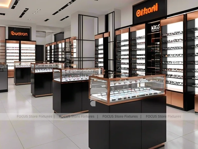 Graphite Copper Vision Store Display with Elevated Glass Islands