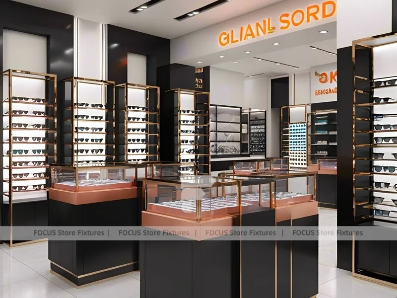 Graphite Copper Vision Store Display with Elevated Glass Islands