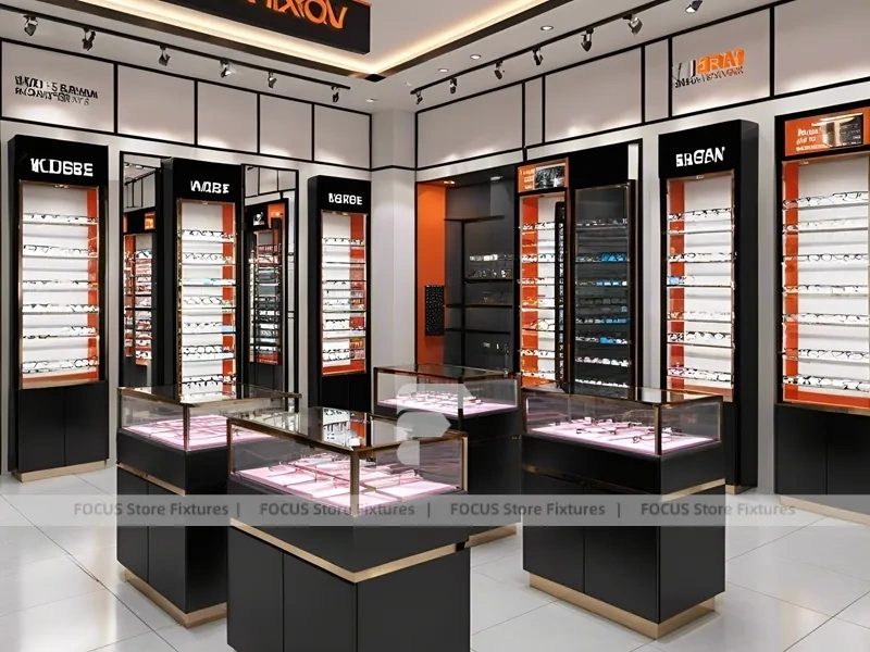 Graphite Copper Vision Store Display with Elevated Glass Islands