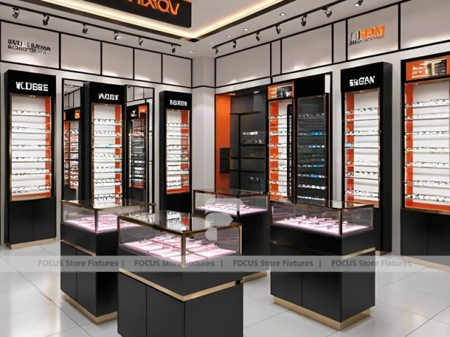 Graphite Copper Vision Store Display with Elevated Glass Islands