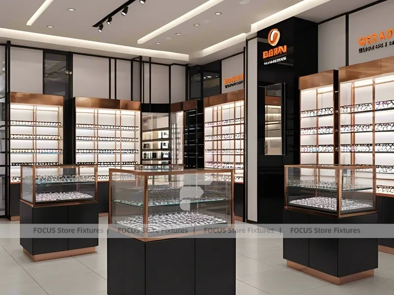 Graphite Copper Vision Store Display with Elevated Glass Islands